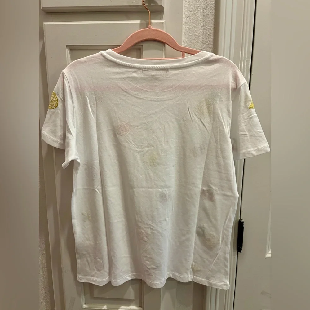 NWT PHILOSOPHY Women’s size small white tee with colorful fruit patches🍍🍒🍋🍊 - Picture 2 of 3